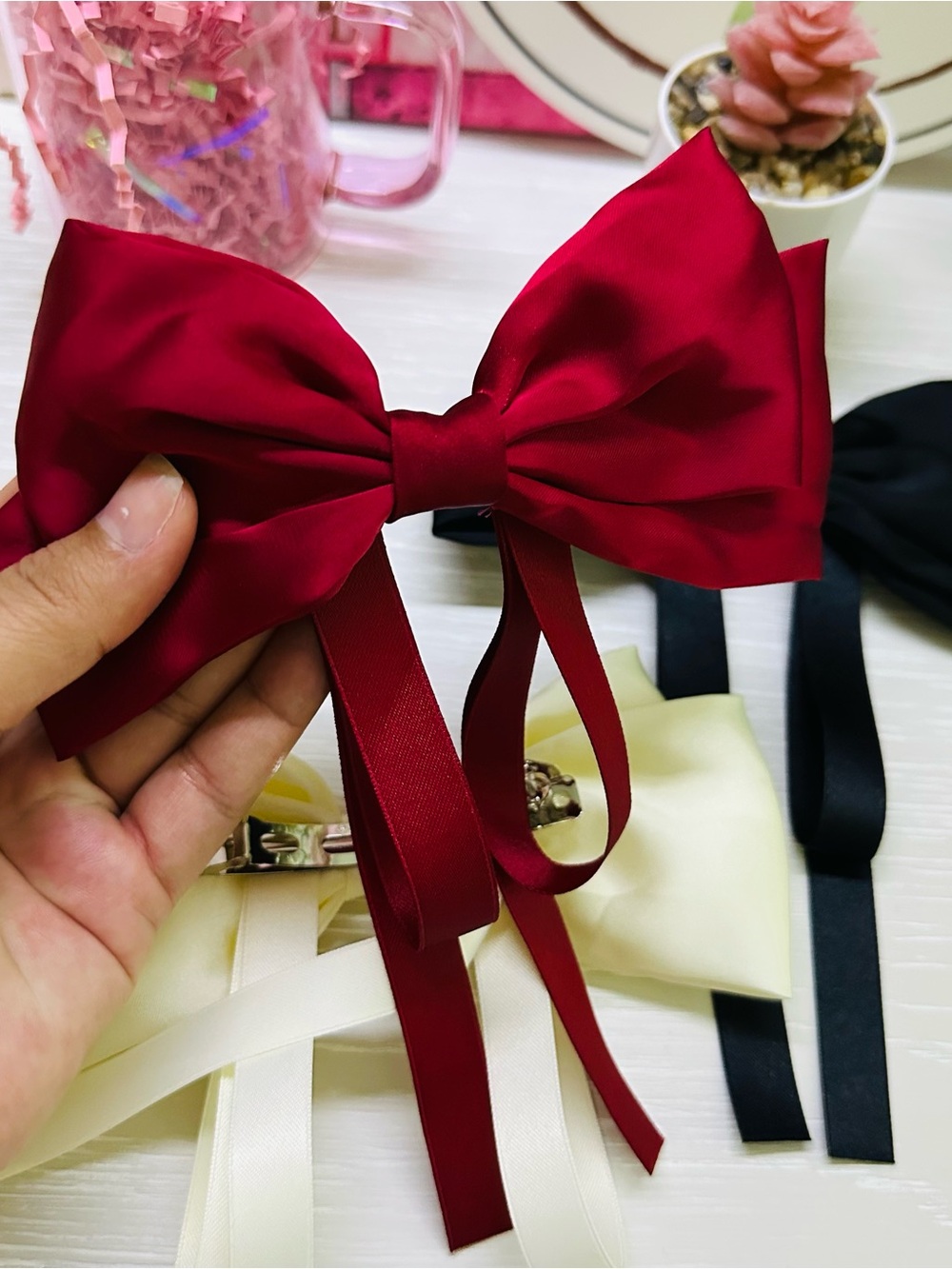 (Pack-3) Satin Bow Hair Clip - Ivory, Black, Burgundy - Picture 3 of 5